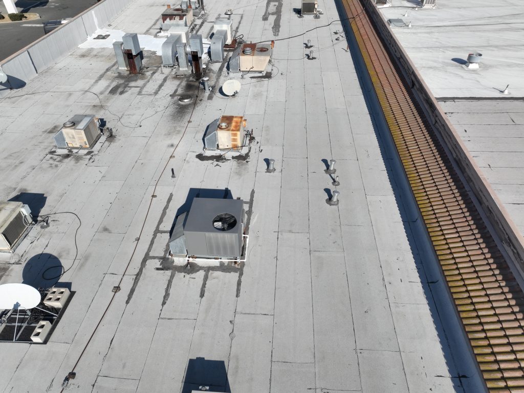 A drone took this rooftop image in order showcase its condition and to give insights to both inspectors and maintenance crews.